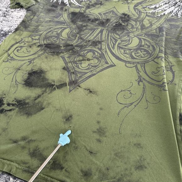 Size XL Affliction Live Fast Men's Shirt Aztec Wings Army Green Vneck Tee - Picture 4 of 12